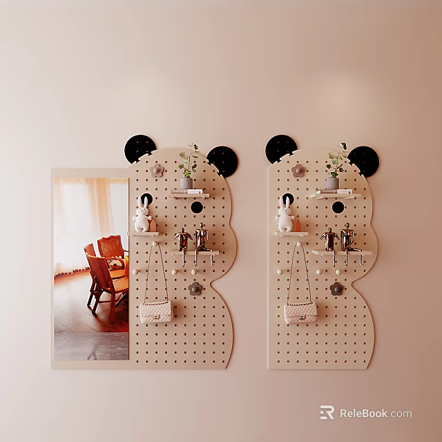 Panda Shaped Pegboard Wall Decor With Ornaments Hooks And Bags 3d model
