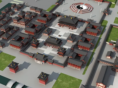 Ancient Chinese Architecture Complex With Traditional Overhanging Eaves Tai Chi Square And Courtyard Layout 3d model