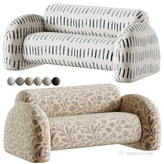 Stylish Two Seater Sofa with Striped and Floral Patterns and Color Options 3d model 