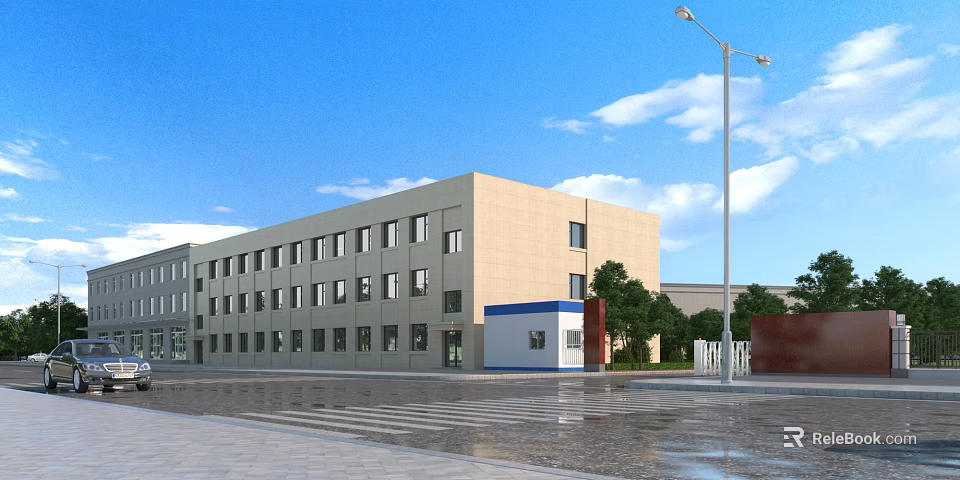 Modern Multi Storey Industrial Factory Building With Large Windows Beige Exterior And Parking Area 3d model 