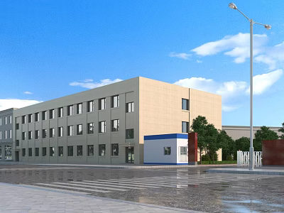 Modern Multi Storey Industrial Factory Building With Large Windows Beige Exterior And Parking Area 3d model