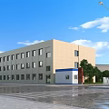 Modern Multi Storey Industrial Factory Building With Large Windows Beige Exterior And Parking Area