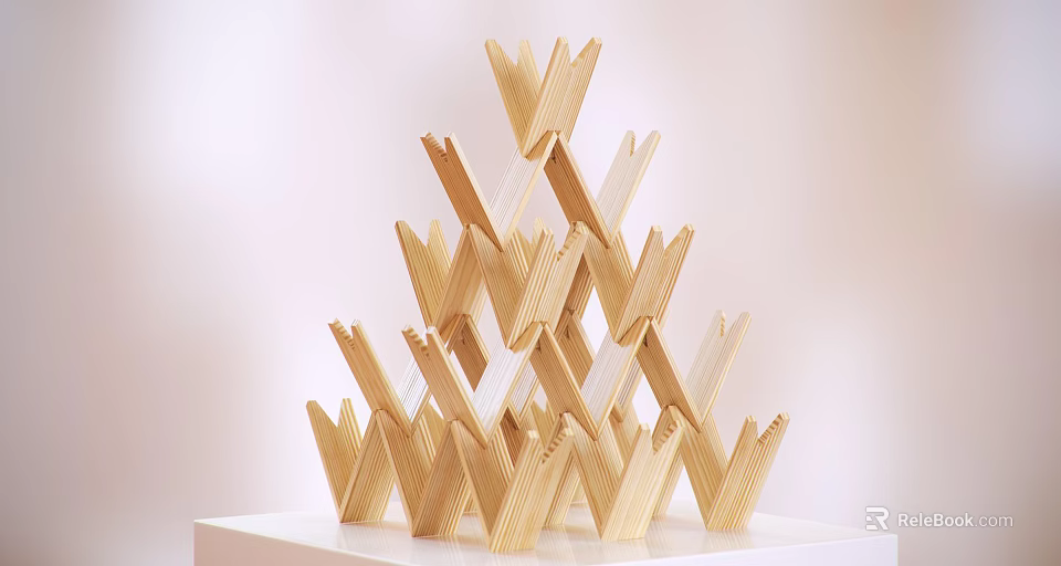 Natural Wooden Geometric Stacked Decorative Ornament Set with Layered Design and White Base 3d model 