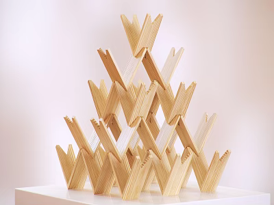 Natural Wooden Geometric Stacked Decorative Ornament Set with Layered Design and White Base 3d model