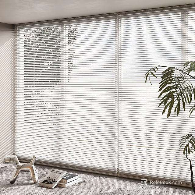 White Venetian Blinds On Window In Bright Interior With Natural Light And Green Plant 3d model 