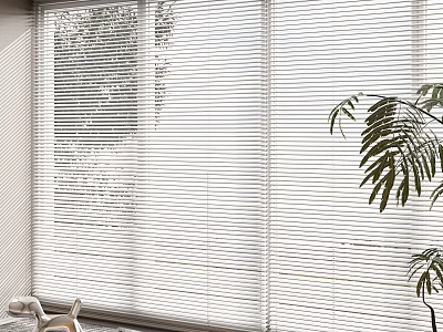 White Venetian Blinds On Window In Bright Interior With Natural Light And Green Plant 3d model