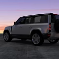 White Modern SUV With Sleek Body LED Headlights Sunset Sky And Gray Concrete Ground