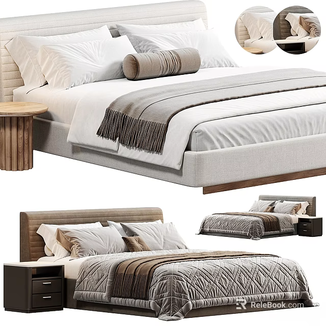Modern Double Bed With Upholstered Headboard White Sheets And Textured Blanket 3d model 