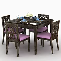 Dining Table Set With Dark Frame Floral Pattern Purple Seats And Tableware Flowers 3d model