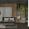 Contemporary Bedroom Interior Design With Wooden Slat Wall Large Bed Armchair And Floor To Ceiling Windows