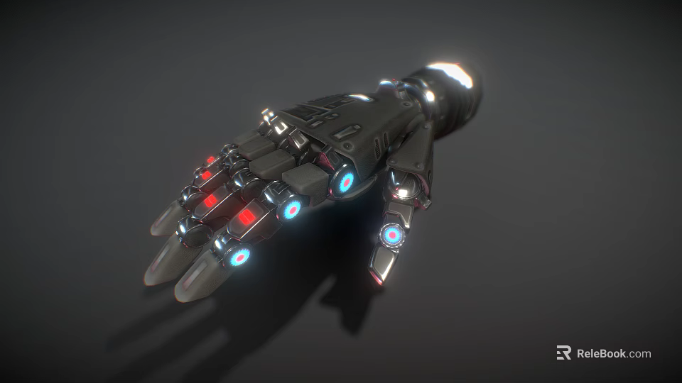 Futuristic Robotic Hand With Metallic Structure Red And Blue Illuminated Joints And Components 3d model 