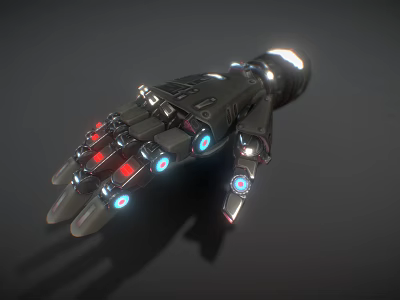 Futuristic Robotic Hand With Metallic Structure Red And Blue Illuminated Joints And Components 3d model
