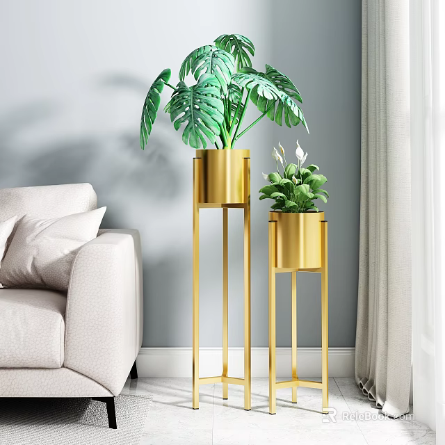 Indoor Garden Accents With Tall And Small Golden Plant Stands And Green Plants 3d model 
