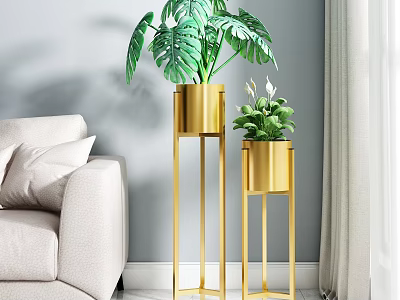 Indoor Garden Accents With Tall And Small Golden Plant Stands And Green Plants 3d model
