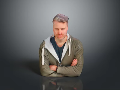 Gray haired man in green hooded jacket with arms crossed against gray background and reflective floor 3d model