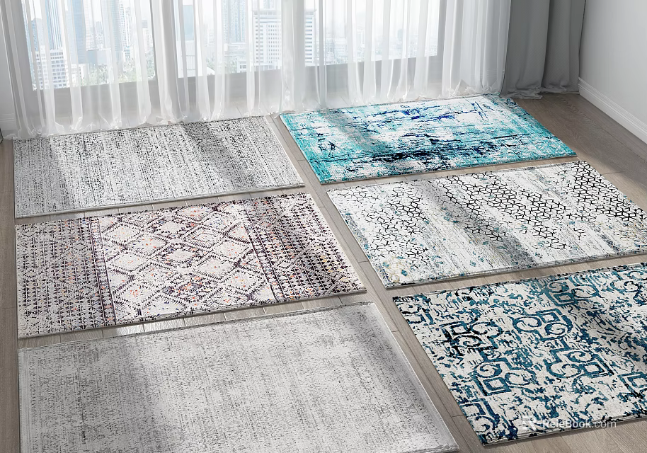 Square Rugs With Geometric And Abstract Patterns In Blue Gray White For Wooden Floors 3d model 