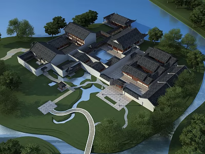 Chinese-style Siheyuan Lake View Courtyard Garden Corridor Wetland Park Folk Residence Four-leged Pavilion Yimen Stone Bridge 3d model