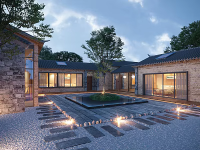 Courtyard Homestay Building With Stone Walls Tile Roofs Square Pool Stone Paths Night Lighting Trees 3d model