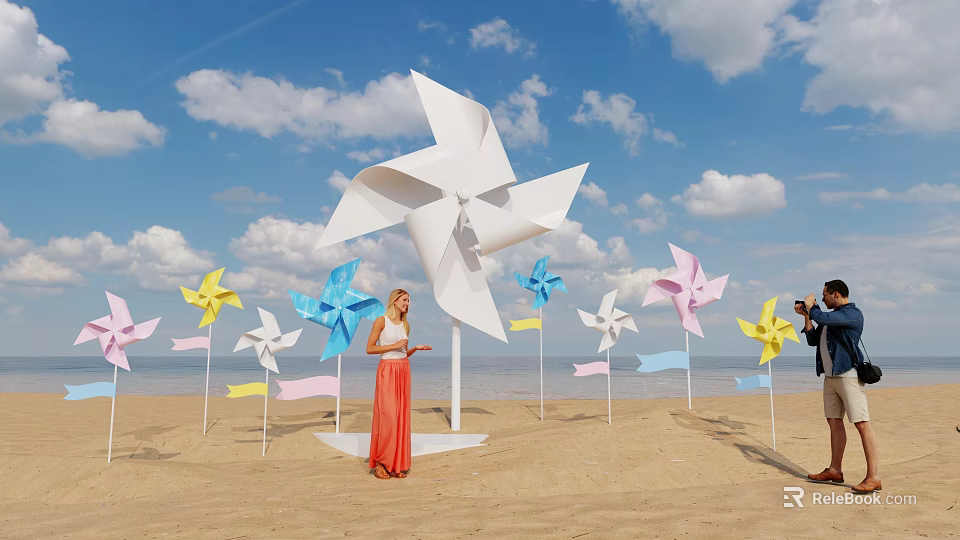 Popular Photo Spot With Giant White Windmill And Colorful Windmills On Beach With Blue Sky 3d model 