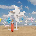Popular Photo Spot With Giant White Windmill And Colorful Windmills On Beach With Blue Sky