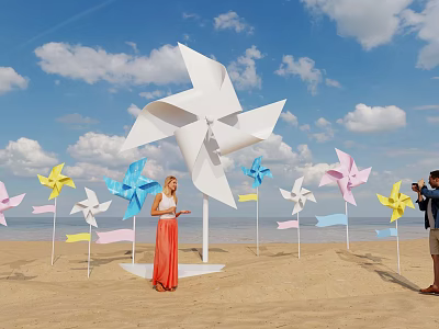Popular Photo Spot With Giant White Windmill And Colorful Windmills On Beach With Blue Sky 3d model