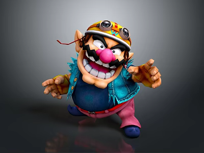 Wario Game Character With Yellow Helmet Goggles Exaggerated Grin Blue Vest And Pink Pants 3d model