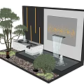 Modern Garden Wall Feature With Waterfall Small Trees Pebble Ground And Decorative Painting