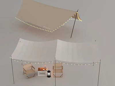 Outdoor Canopy Tent Setup With String Lights Camping Chairs And Fire Pit 3d model