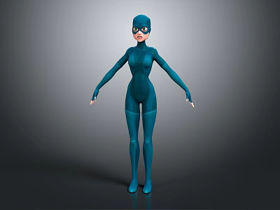 3D Rendered Female Superhero Character in Blue Costume Standing with Masked Face and Pose 3d model