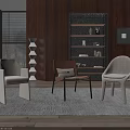 Modern Accent Chairs In Stylish Living Room With Wooden Shelves Carpet And Geometric Floor Lamp