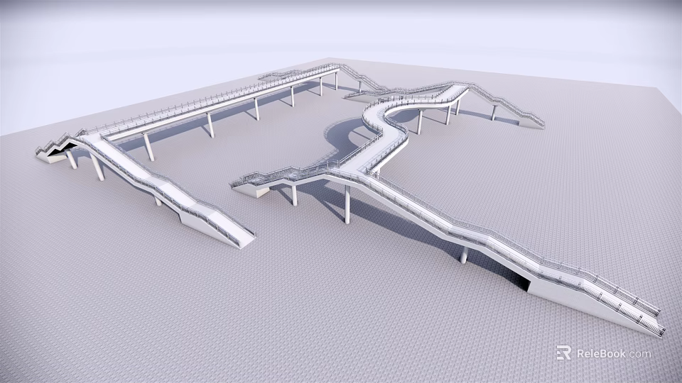 Modern Bridge Design Featuring Curved Structure And Multiple White Sections 3d model