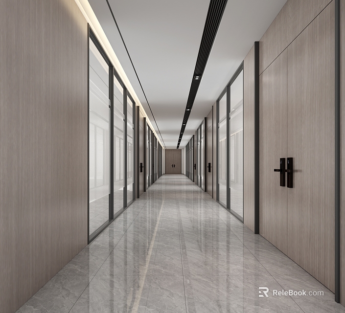 Modern Office Corridor Design With Wooden Doors Glass Partitions Sleek Flooring And Linear Ceiling Lights 3d model 