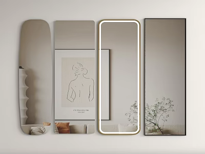 Various Shaped Modern Mirrors For Interior Decor With Artwork Prints And Potted Plants 3d model