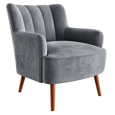 Modern Gray Velvet Armchair with Vertical Striped Backrest and Brown Wooden Legs 3d model