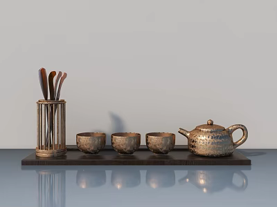 Elegant Hinged Door Cabinet With Tea Set And Ceramic Cups On Tray 3d model