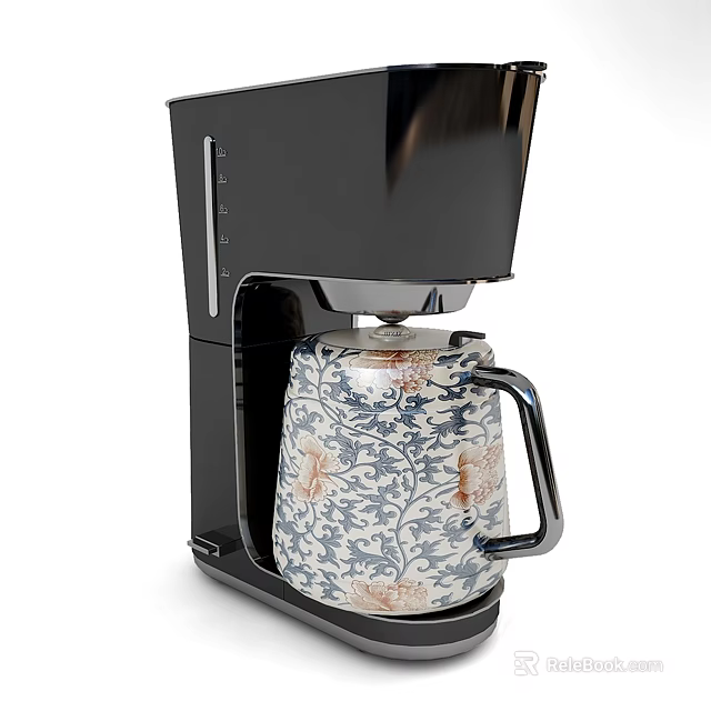 Black Kitchen Coffee Maker With Blue And White Floral Ceramic Pot 3d model