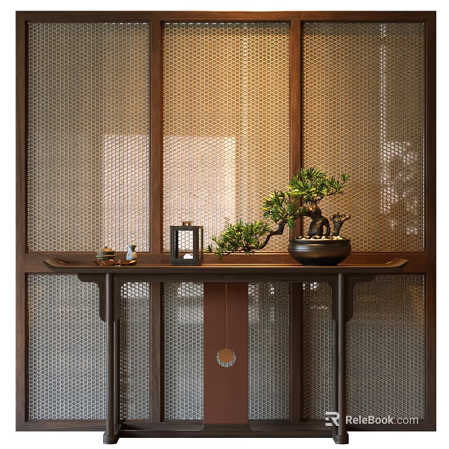 Traditional Chinese Console Table With Bonsai Lantern And Tea Set 3d model 