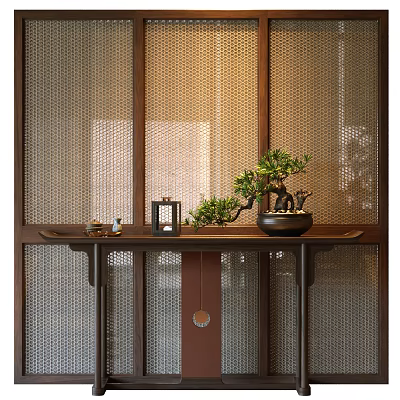 Traditional Chinese Console Table With Bonsai Lantern And Tea Set 3d model