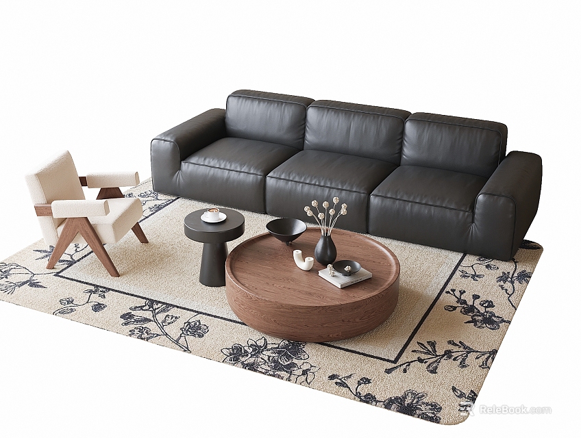 Black Leather Sofa and Round Wooden Coffee Table Set with Light Armchair on Floral Rug 3d model 