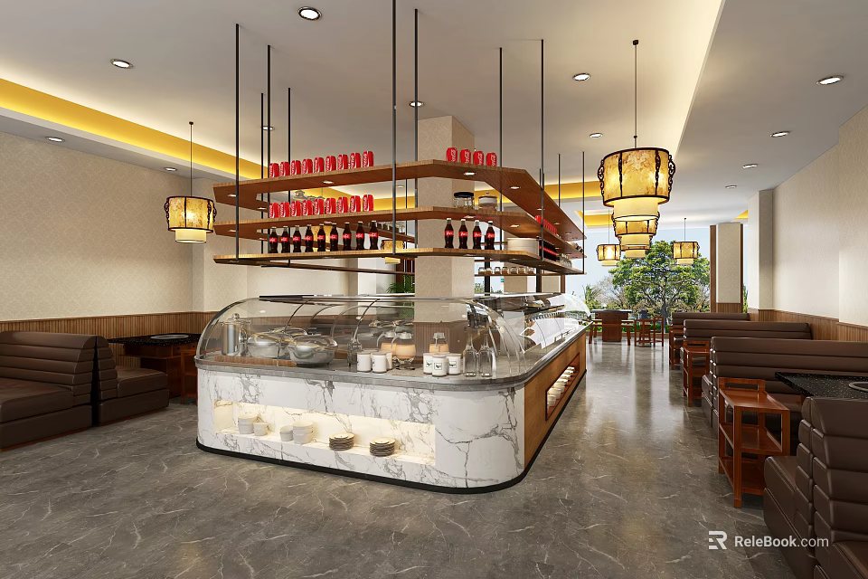 Modern Restaurant Interior Featuring Marble Display Counter Wine Racks Pendant Lights And Seating Area 3d model 