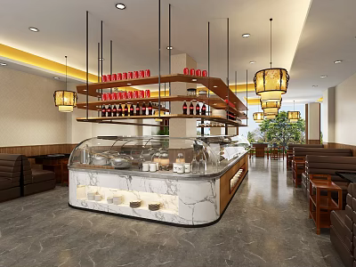 Modern Restaurant Interior Featuring Marble Display Counter Wine Racks Pendant Lights And Seating Area 3d model