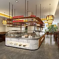 Modern Restaurant Interior Featuring Marble Display Counter Wine Racks Pendant Lights And Seating Area
