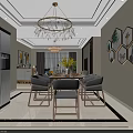 Modern Living Dining Room Interior Design With Chandelier Dining Table And Hexagonal Wall Art
