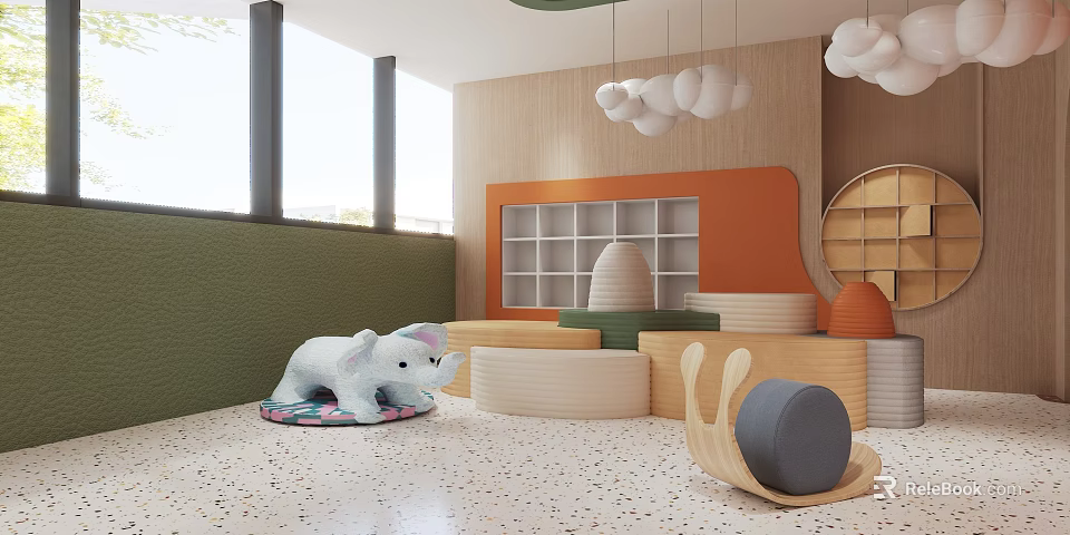 Playroom With Elephant Plush Toy And Snail Rocker 3d model 