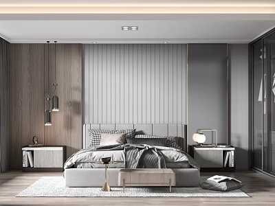 Modern Bedroom Interior With Gray Bed Vertical Striped Accent Wall Wooden Nightstands And Pendant Lights 3d model