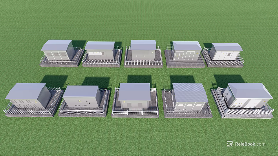Small House Models Arranged In Rows With Various Roof Designs On Green Grass 3d model 