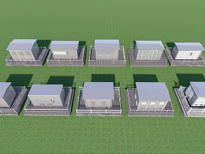 Small House Models Arranged In Rows With Various Roof Designs On Green Grass 3d model