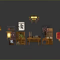 Chinese Classical Wooden Furniture And Decorative Crafts With Lanterns Tables Cabinets And Potted Plants