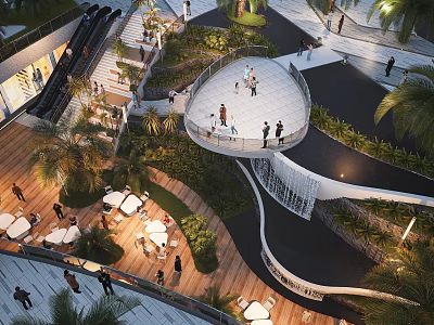 Modern Commercial Sinking Square Steps Falling Water Stack Waterscape Tables and Chairs Wooden Platform Flower Box 3d model