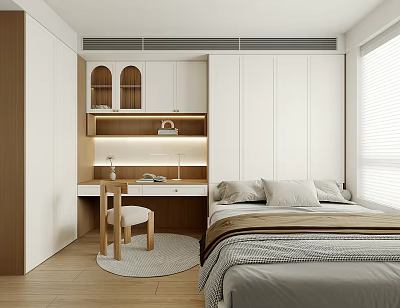 Modern Tatami Bedroom Interior With Bed Desk Chair And Wooden White Cabinets 3d model